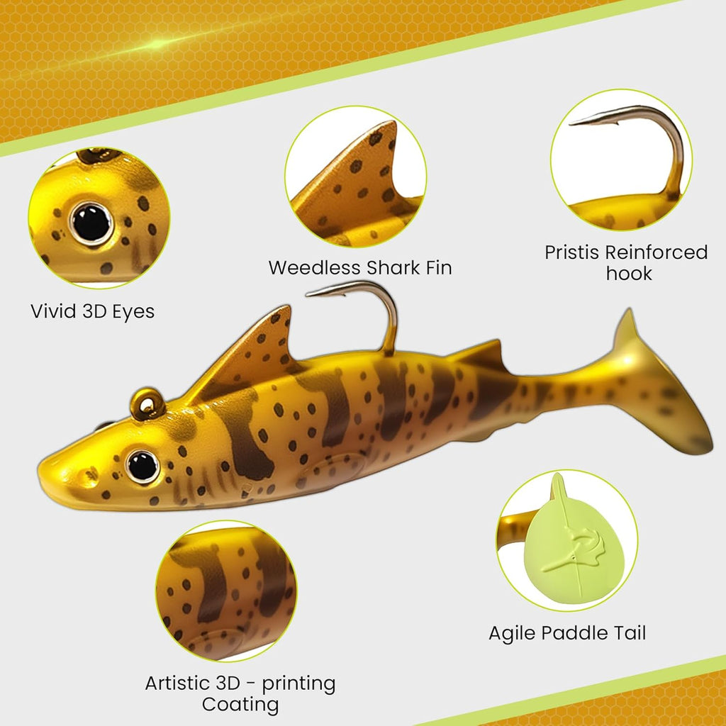 Pristis Fishing Lures - 6 Pcs Sharkita Jig Head Soft Baits | Durable Pre-Rigged Paddle Tail Set for Bass & Trout
