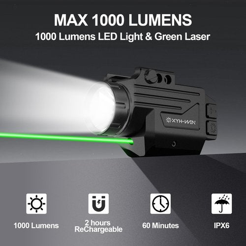 XYH-Win Aluminum 1000 Lumens Green Laser Light Combo with Strobe Function for Glock/SIG Pistol, Tactical Flashlight Laser Sight Fits for Picatinny Rail & Full Compact Rail, USB Magnetic Rechargeable
