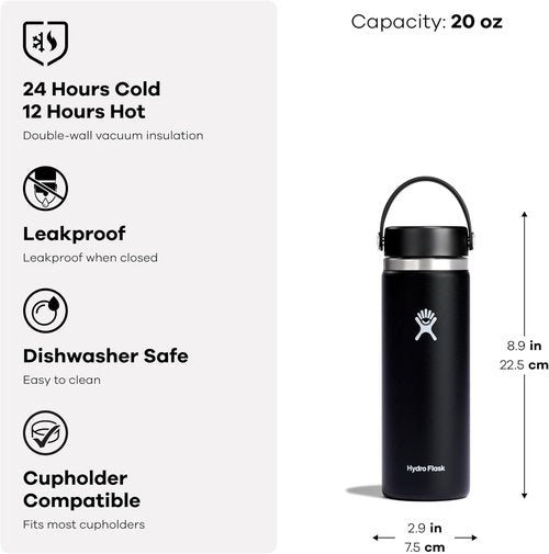 Hydro Flask Water Bottle - Insulated Stainless Steel - 20 Oz Wide Mouth Flex Lid, Leakproof & Refillable