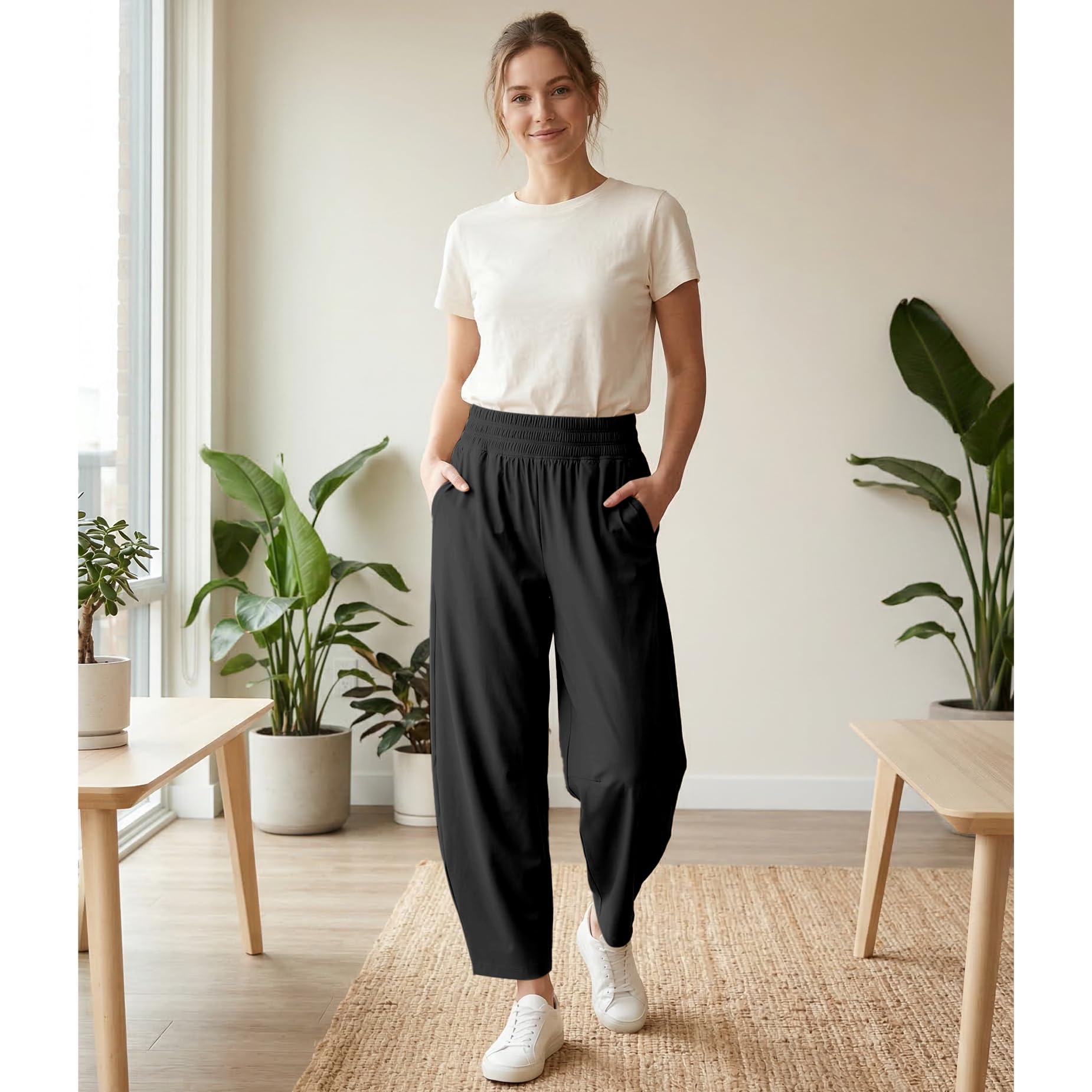 Yioaga Barrel Pants Women Baggy Wide Leg Elastic Waisted Sweatpants Athletic Clothes Lounge Palazzo Trousers with Pockets(Black,L)