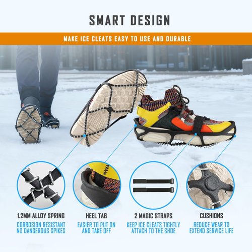 MATTISAM Ice Cleats for Walking on Ice Snow Grips Crampons Traction for Shoes Boots, Anti-Slip Portable Flexible Footwear for Climbing Hiking Fishing Outdoor Running with Storage Bag and 2 Straps