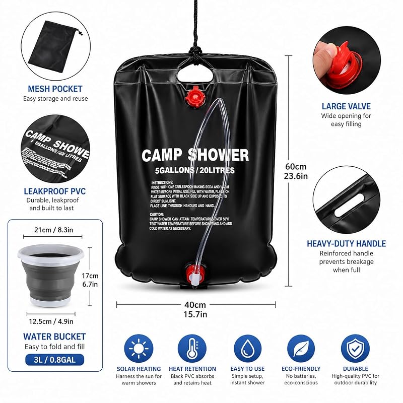 5 Gallon Portable Camping Shower Bag with Collapsible Water Bucket – Outdoor Shower Kit for Hiking, Beach & Travel