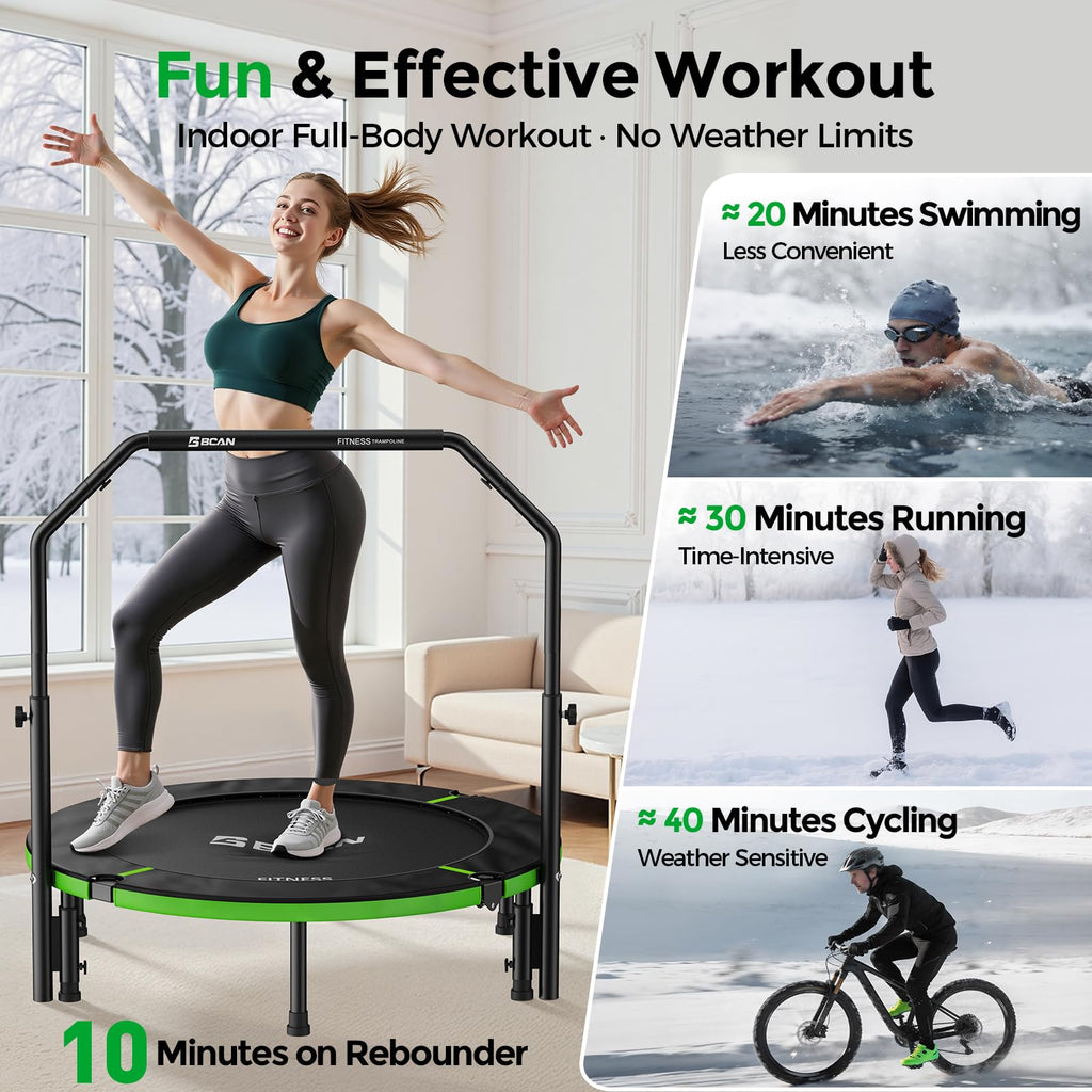 BCAN 40" Foldable Mini Trampoline, Rebounder Trampoline for Adults, Adjustable Foam Handle, Exercise Rebounder for Adults Indoor/Garden Workout, Max Load 330lbs, Green