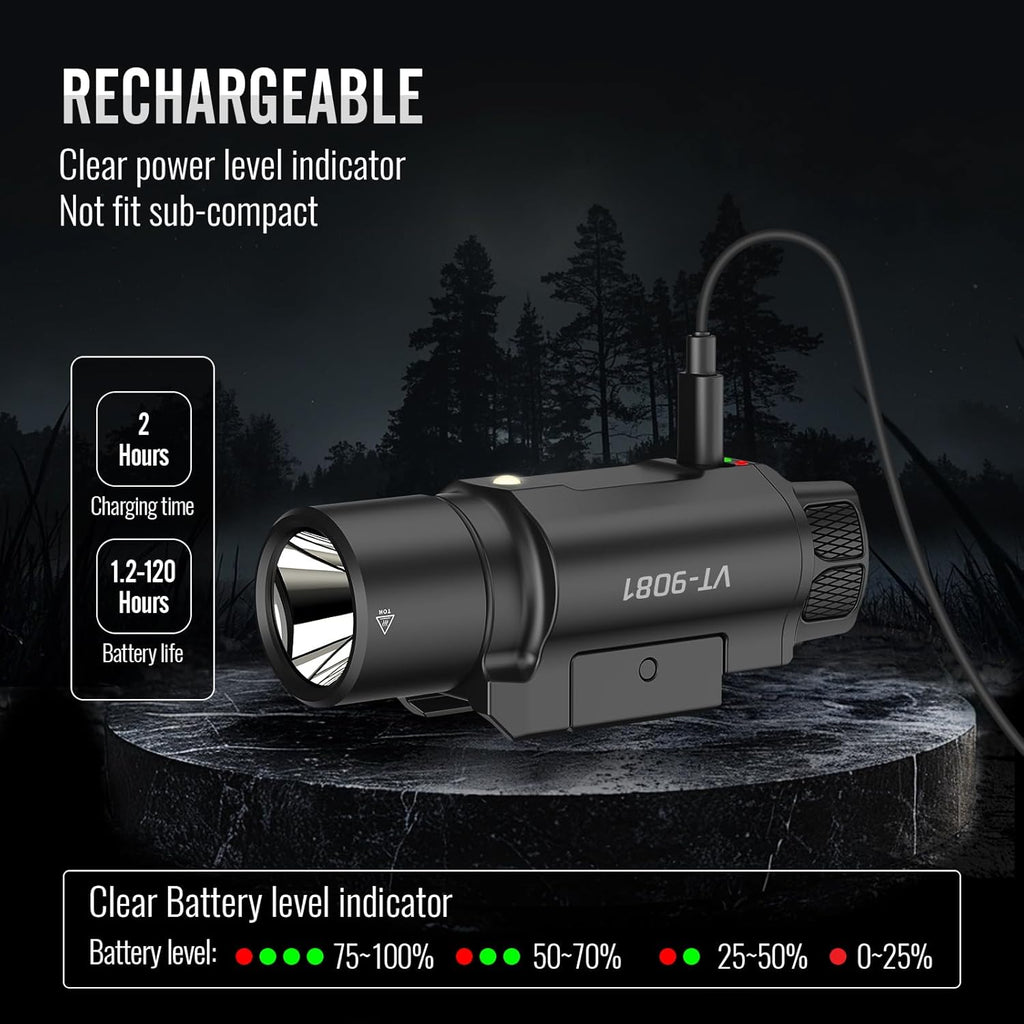 Skiennix 1750 Lumen Tactical Flashlight - Rechargeable Pistol Light with Strobe & Moonlight Mode