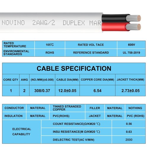 Duplex Marine Wire - 2 Gauge 5ft Tinned Copper Electrical Cable for Boats, RVs & Campers