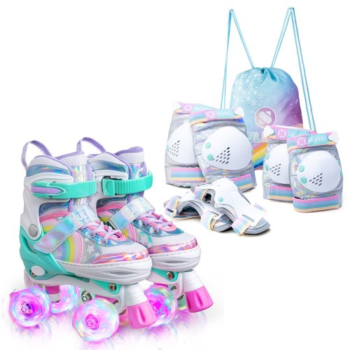 Rainbow Unicorn Roller Skates with Shiny Small Protective Gear Set