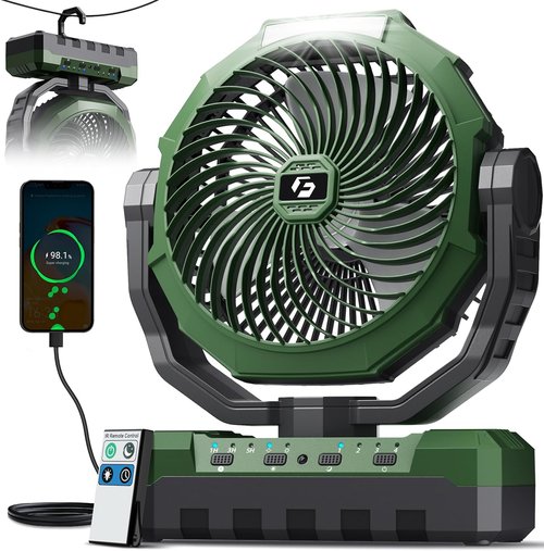 FRIZCOL 3-in-1 Camping Fan - Rechargeable Portable Fan with 24000mAh Battery, Light & Remote - Green for Outdoor Adventures