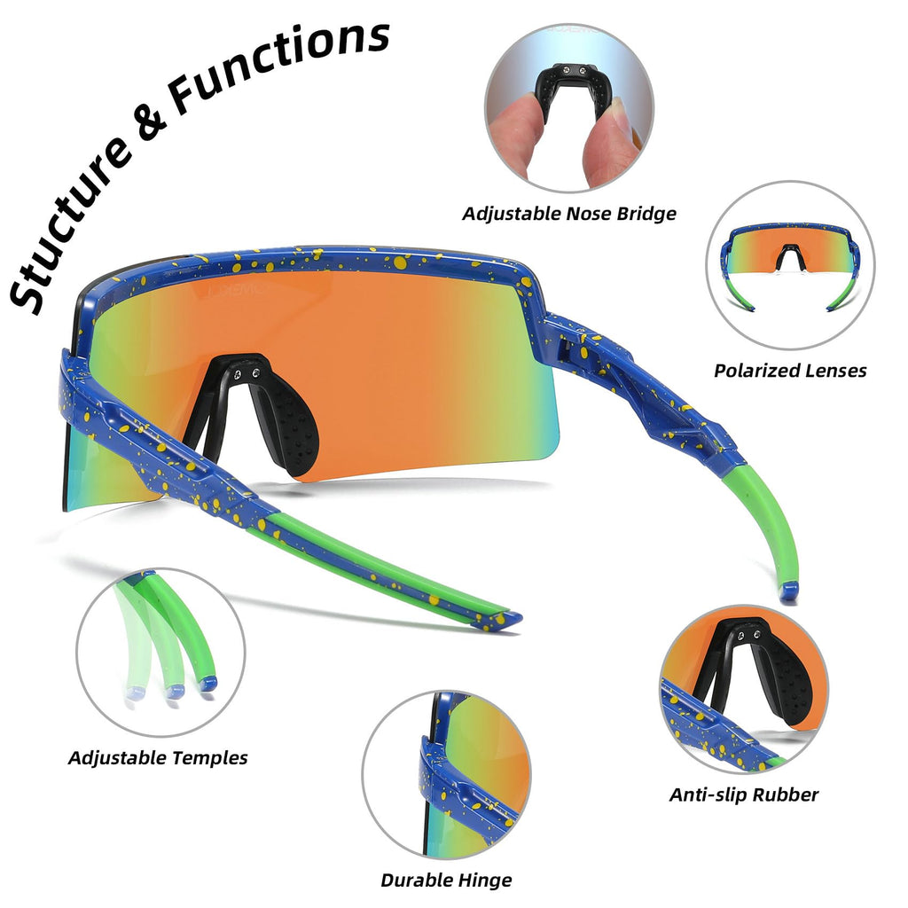 OMEKOL Polarized Sports Sunglasses Cycling Glasses UV400 Mountain Bike Goggles MTB Riding Bicycle Eyewear Men Women Baseball Running Fishing Golf Outdoor - Blue Frame with Yellow Dots/Blue Lens