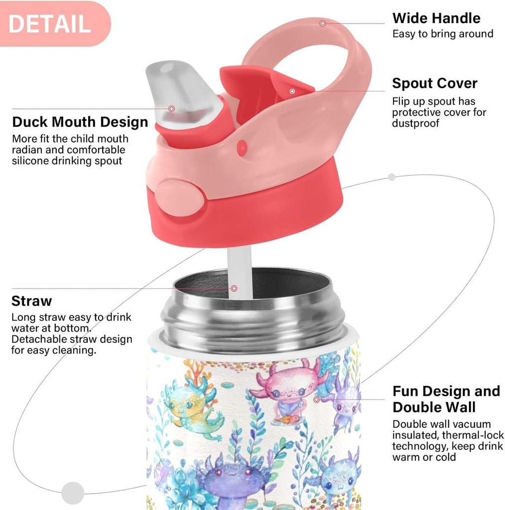 Skiennix Cute Axolotl Stainless Steel Water Bottle - 12 Ounce Vacuum Insulated for Kids
