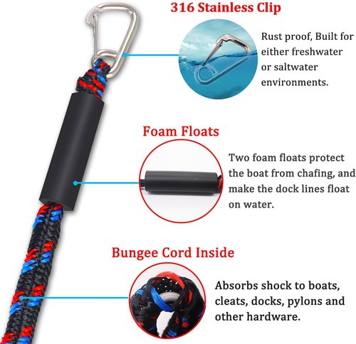 Botepon Boat Bungee Dock Lines - Shock-Absorbing PWC Accessories with 316 Stainless Clips | 4 Feet Length