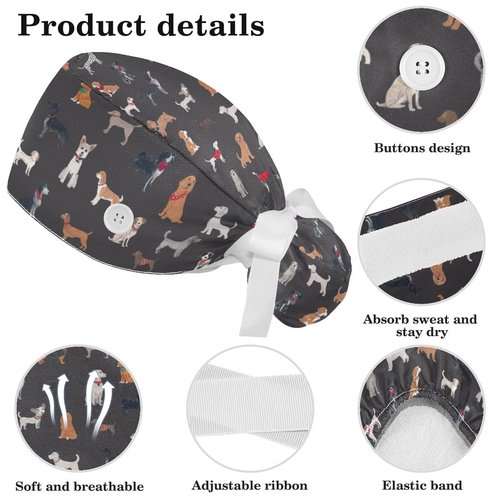 Scrub Caps Women, Surgical Caps with Buttons, Ponytail Nurse Hat, Bouffant Scrub Hats with Hair Scrunchy Adjustable Veterinary Surgery, Dogs Cartoon Animal Cute Vintage Lovely Grey
