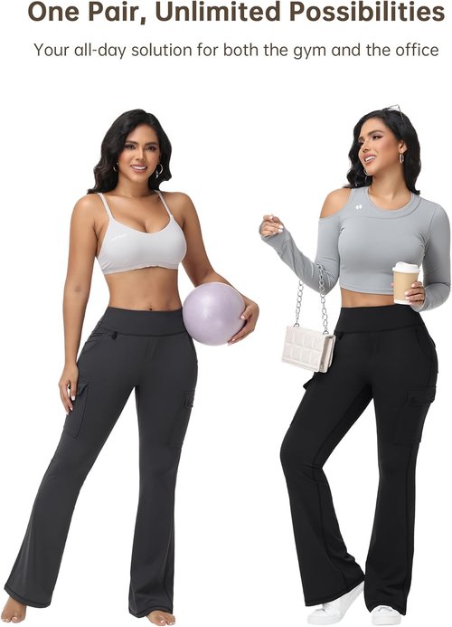 HOTSUIT Cargo-Yoga-Pants for Women 6 Pockets Stretch Work Trouser Adjustable High Waist Leggings Office Casual Travel 29''
