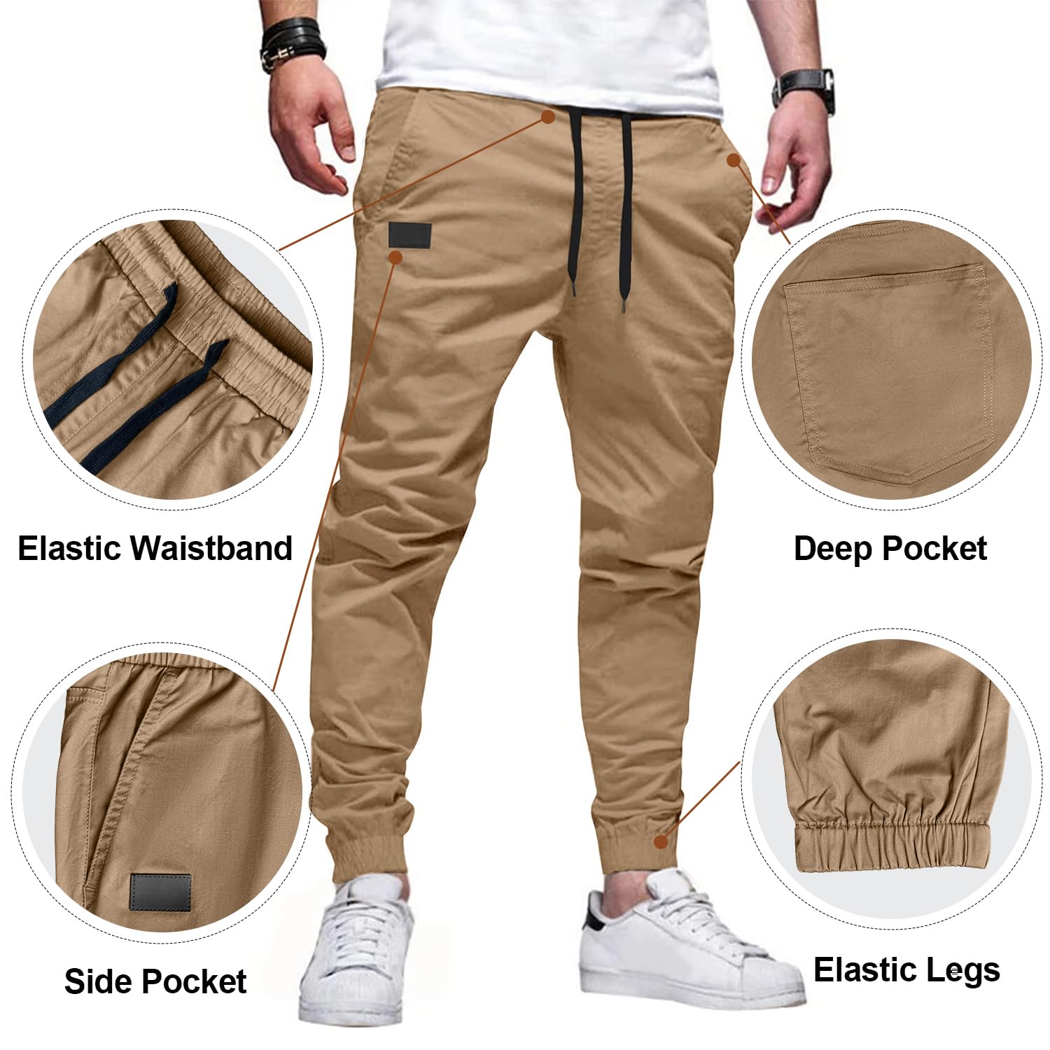 PLEPAN Mens Casual Cargo Joggers - Cotton Drawstring Chino Pants Hiking Outdoor Twill Track Jogging Sweatpants