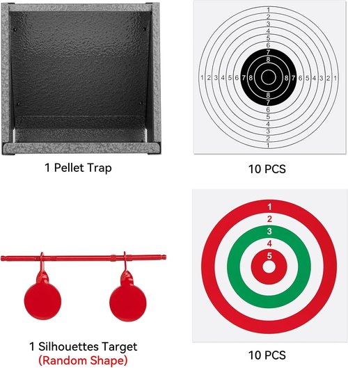 GearOZ BB Gun Target Trap - Catch Box with 20 Shooting Papers & Spinning Metal Silhouettes | Small Size for Indoor & Backyard Use