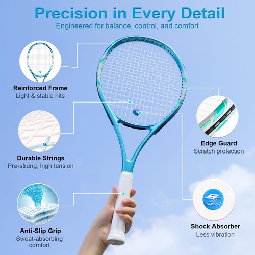 SIMTION 27 Inch Tennis Rackets Set, 2 Player Pre-StrungTennis Racquets for Adults, 2 Overgrip Tapes, 3 Balls, 2 Wristbands and Carrying Bag, for Beginner and Professional (Rose Pink & Blue)