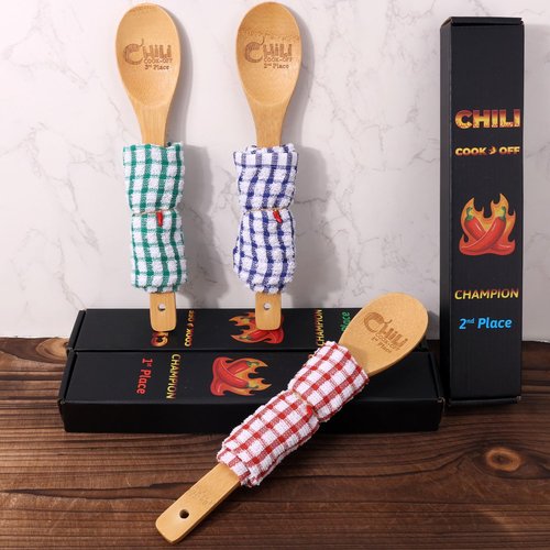 Gosknor 3pcs Chili Cook Off Prizes, 1st 2nd 3rd Place Wooden Spoon Award Cooking Trophy Set Cooking Competition Trophy Chili Cookoff Decorations Cooking Gifts for Men Women Festivals Supplies