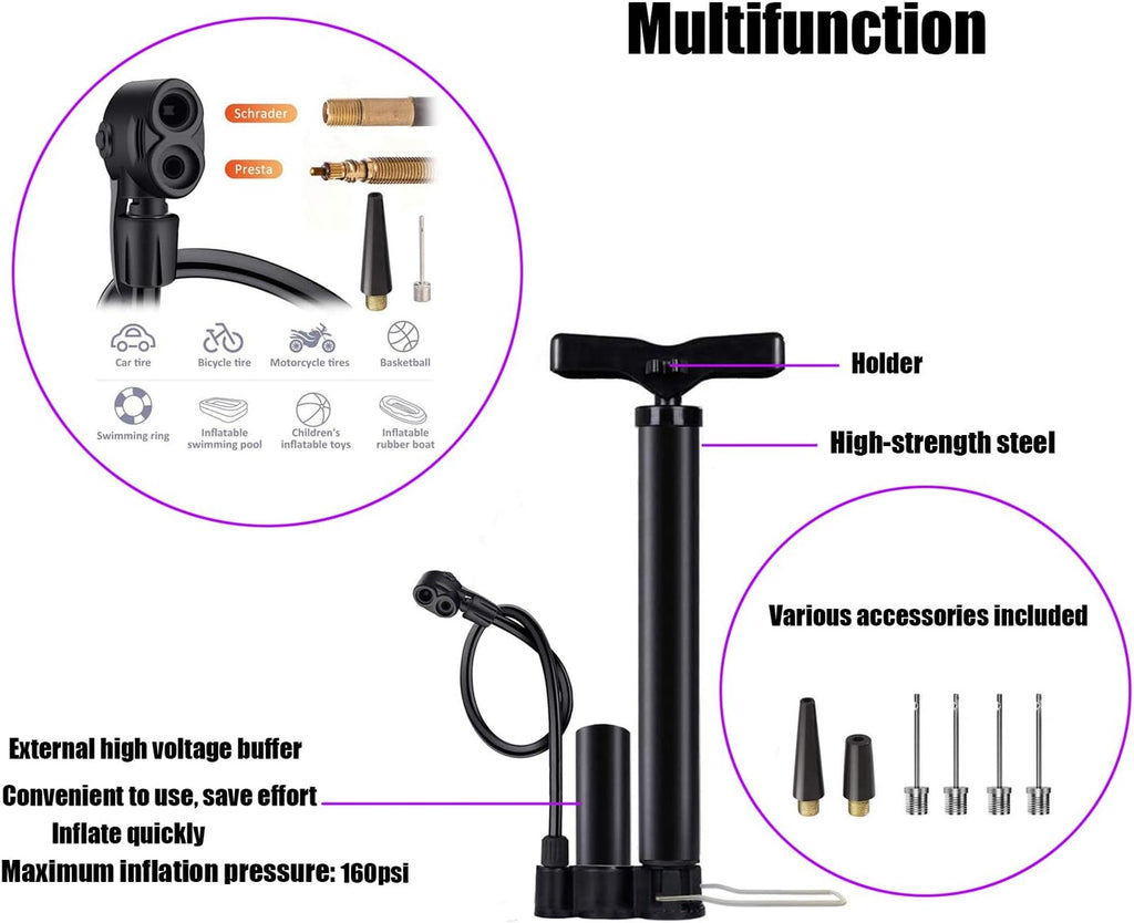 VIMILOLO Bicycle Pump - Portable Floor Pump with Gauge for Presta & Schrader Valves | Ideal for Bikes & Balls