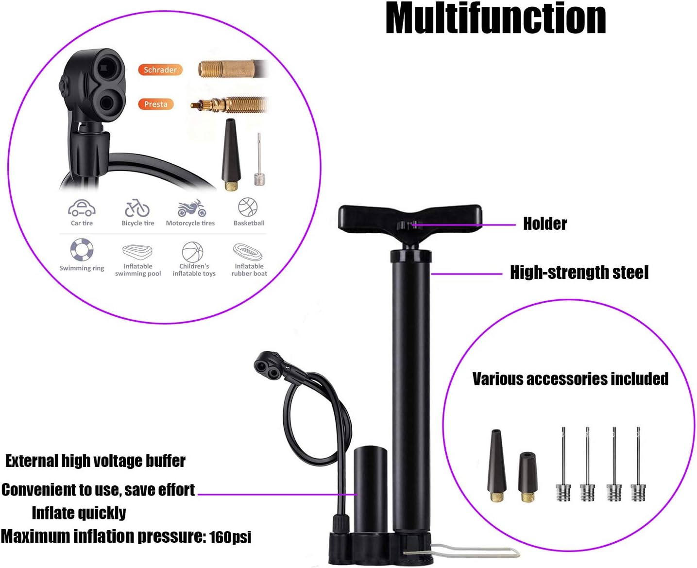 VIMILOLO Bicycle Pump - Portable Floor Pump with Gauge for Presta & Schrader Valves | Ideal for Bikes & Balls
