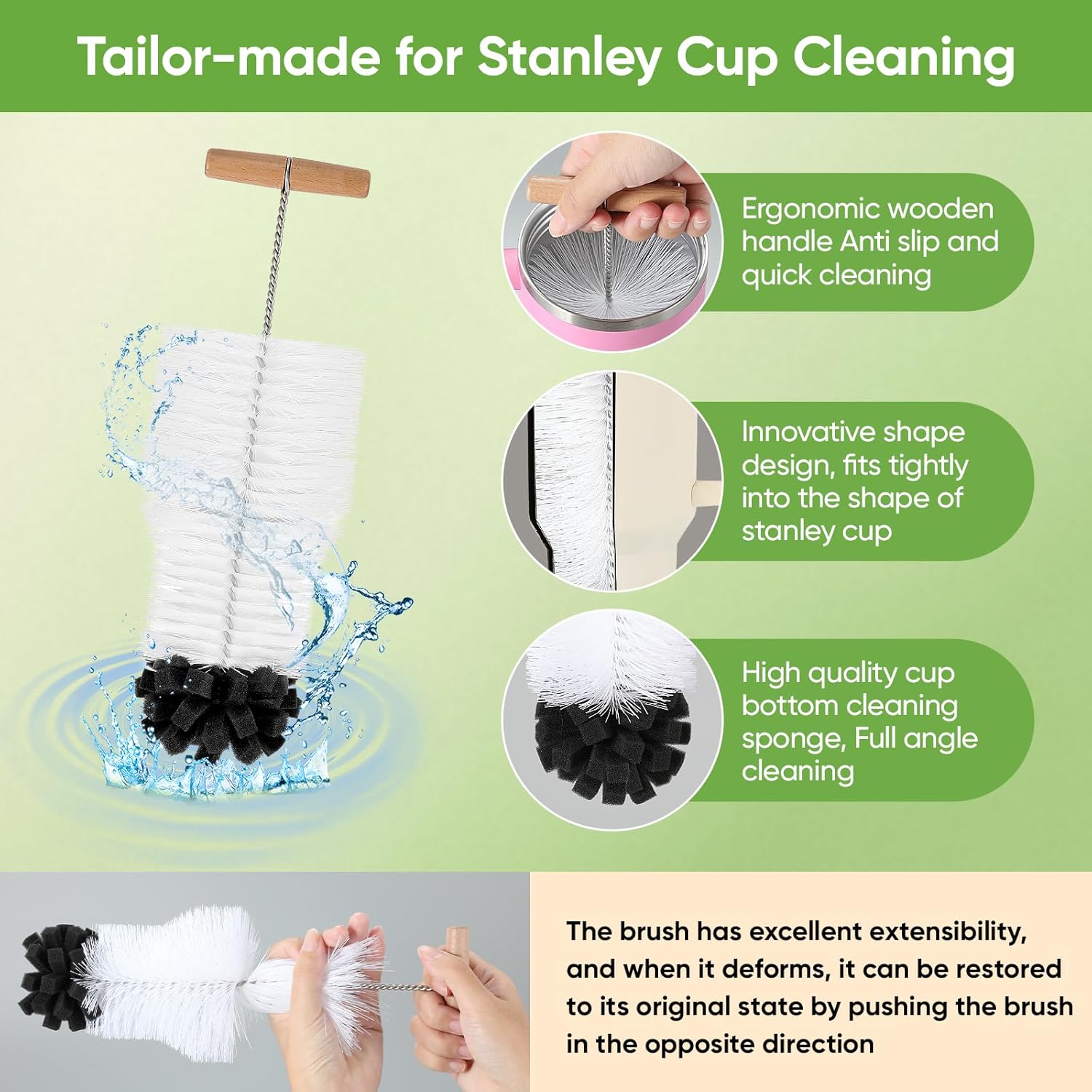 Skiennix 3-Piece Bottle Cleaning Brush Set - Long Wooden Handle for Tumblers & Mugs | Includes Straw & Lid Brushes