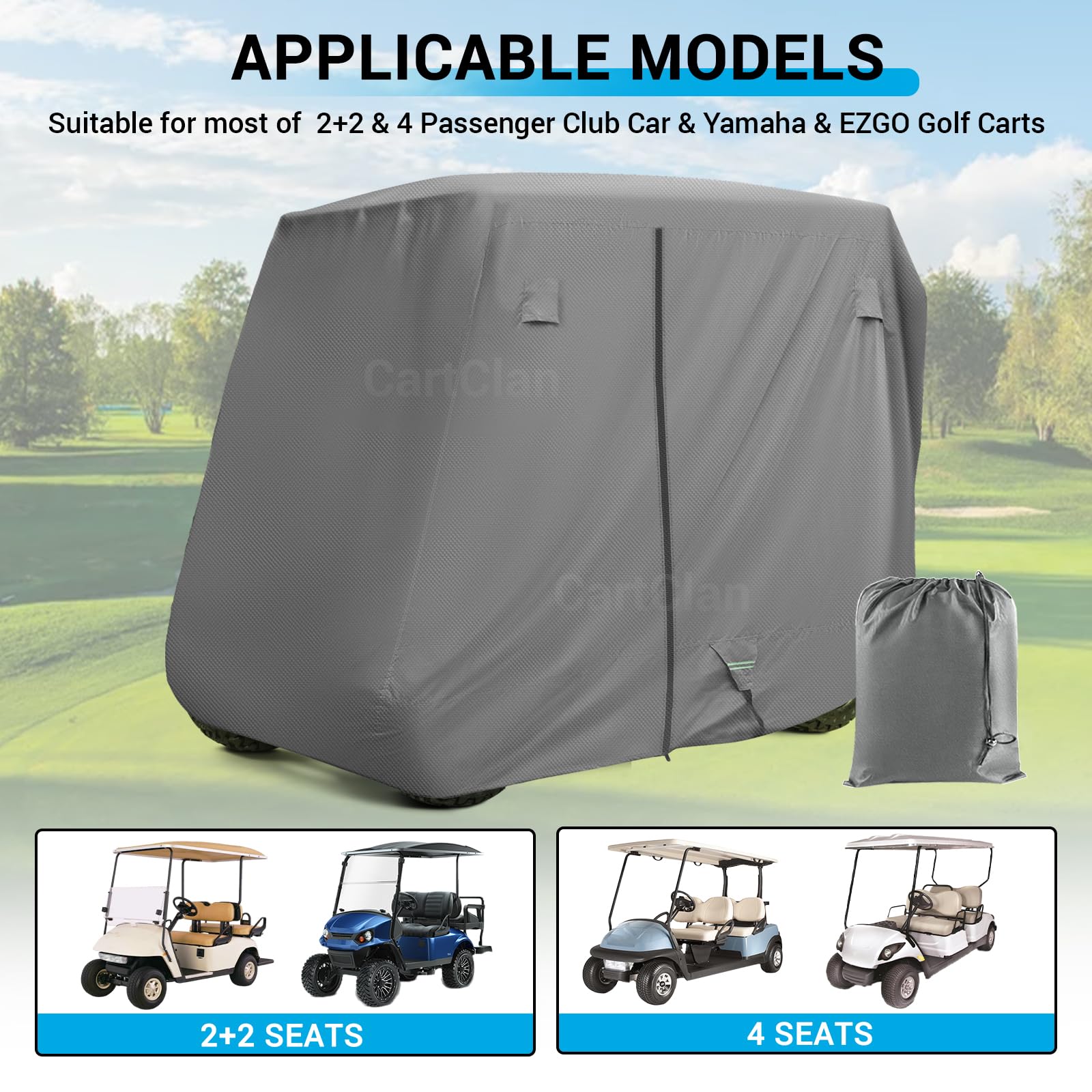 Universal Golf Cart Cover, 420D Waterproof Windproof Golf Cart Cover with Storage Bag, Suitable for Most 2/4 Passenger EZGO, Yamaha, Club Car Golf Carts, Grey
