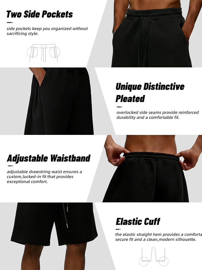 Men's Baggy Gym Shorts with Pockets - Y2K Wide-Leg Sweat Shorts, Black, Large