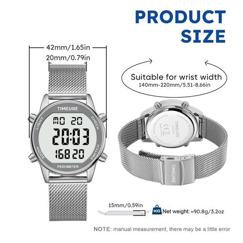 TIMEURE Men's Pedometer Watch with Stainless Steel Bracelet, Step Counter Watch, No App, No Charging Needed for Outdoor Walking, Calorie, Distance, Alarm, Countdown Timer TU-2306B