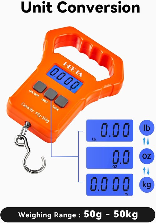 HEETA Digital Fishing Scale - 110lb Capacity, Backlit LCD Display, Non-Slip Handle & Batteries Included
