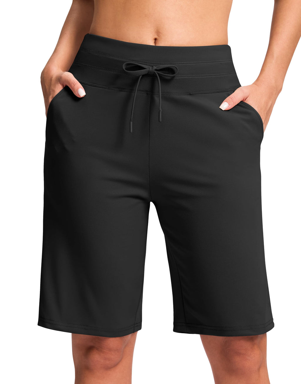 G Gradual Bermuda Shorts for Women with Pockets 10" Knee Length Womens High Waisted Long Shorts for Walking Athletic Workout(Black,L)