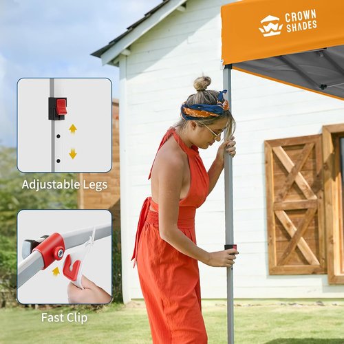 CROWN SHADES 10x10 Pop Up Canopy - Easy One-Push Setup Beach Tent with Side Wall | Outdoor Sun Shade (Orange)