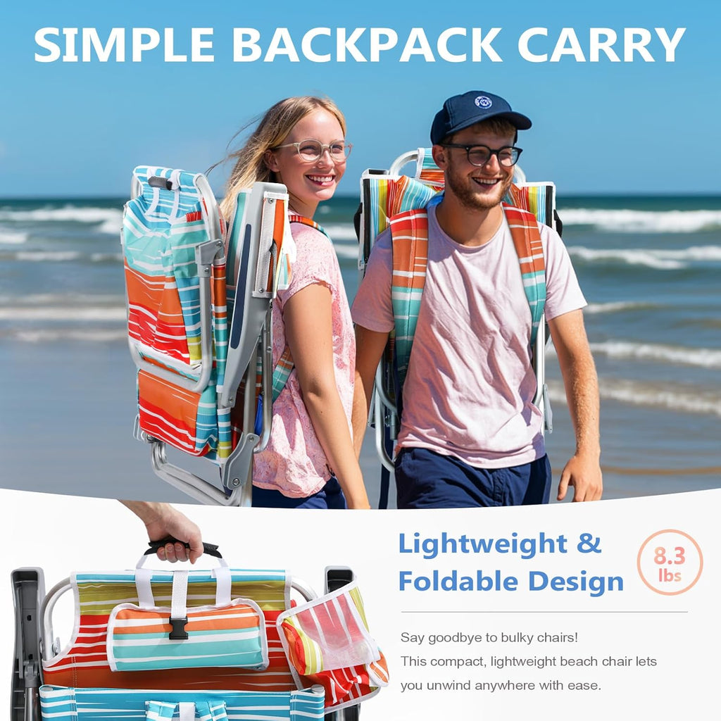 Skiennix Aluminum Lay Flat Beach Chair - Compact 5-Position Design with Cooler Pouch | 2-Pack Multicolor Stripe