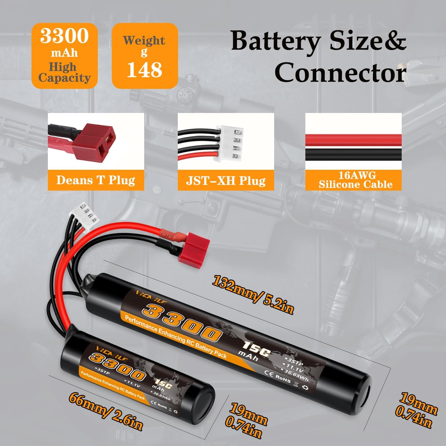 3300mAh Airsoft Battery by [Brand Name] - 11.1V Nunchuck Rechargeable Battery for AEG AK47, M4, MP5