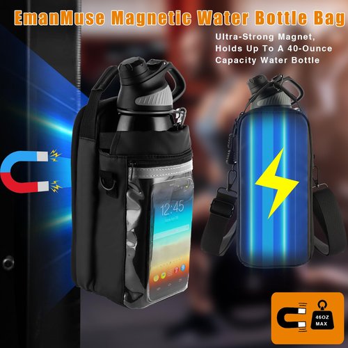 Magnetic Gym Bag for Men Women - 5lb Force Water Bottle Pouch + Clear Touchscreen Phone Pocket (Use Phone Instantly) | Workout & Travel Must-Have (Black)