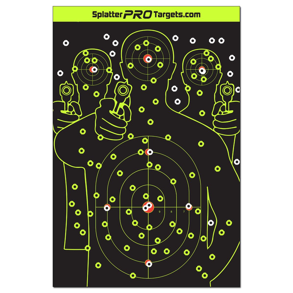 12x18 Splatter Targets. Fully Reactive Targets. See Your Hits and Your Misses! Shots Burst with a Bright Splatter Upon Impact. Instantly See Your Shots. Printed on a Heavy Duty Card Stock.