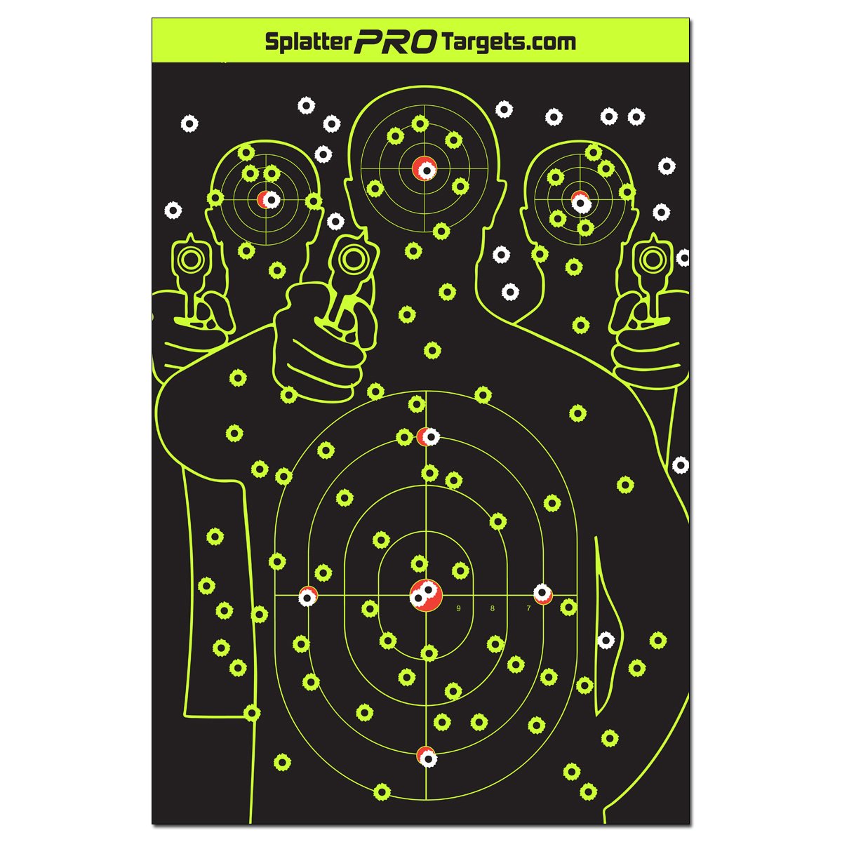 12x18 Splatter Targets. Fully Reactive Targets. See Your Hits and Your Misses! Shots Burst with a Bright Splatter Upon Impact. Instantly See Your Shots. Printed on a Heavy Duty Card Stock.