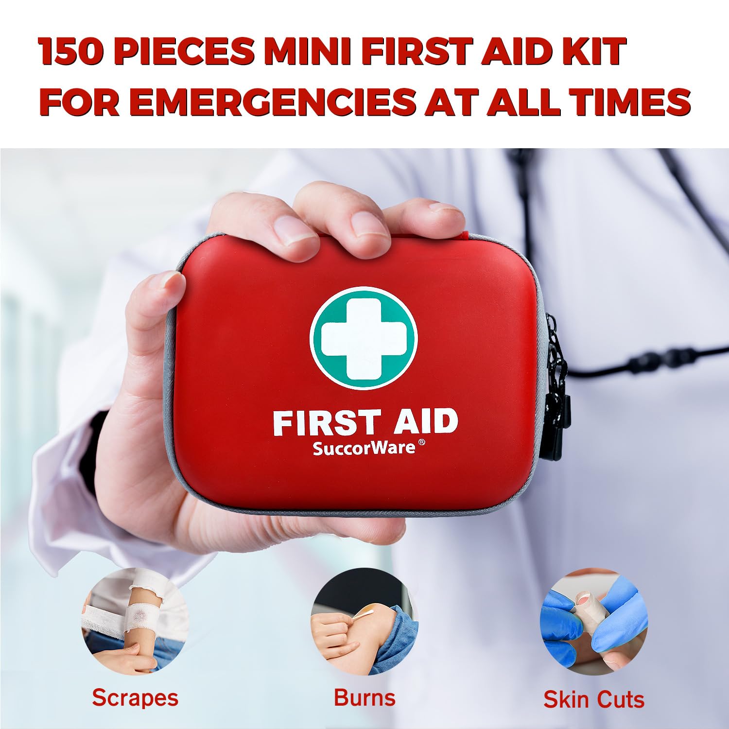 SuccorWare 150 Pieces Mini First Aid Kit - Small Medical Kit with Hard Shell - Emergency First Aid Kit for Car, Travel, Home, Outdoor, Office, Camping, Hiking (Red)