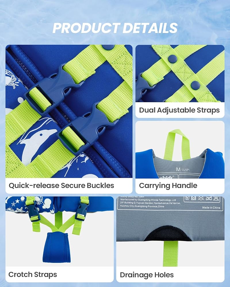 Gogokids Toddler Swim Vest - Blue Dolphin+S (2-4 Years, 22-60 lbs) | 2- buckle safety
