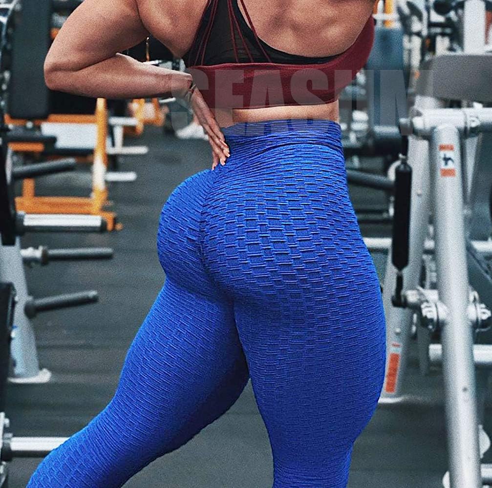 SEASUM High Waisted Yoga Pants - Butt Lifting Scrunch Leggings with Tummy Control | Anti-Cellulite Textured Design