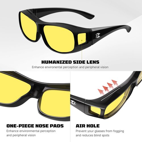 suoso Night Driving Glasses Fit Over Eyeglasses for Men Women, Polarized Anti Glare Night Vision Glasses HD Yellow Lens