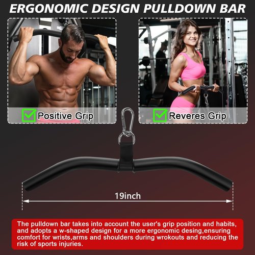Upgraded LAT Pulldown Bars - 19" Heavy Duty LAT Pull Down Bar Attachments for Home Gym Cable Machine, Professional Curl & Triceps Press Down Handle with Full Rubber Grip for Pulley System Exercise