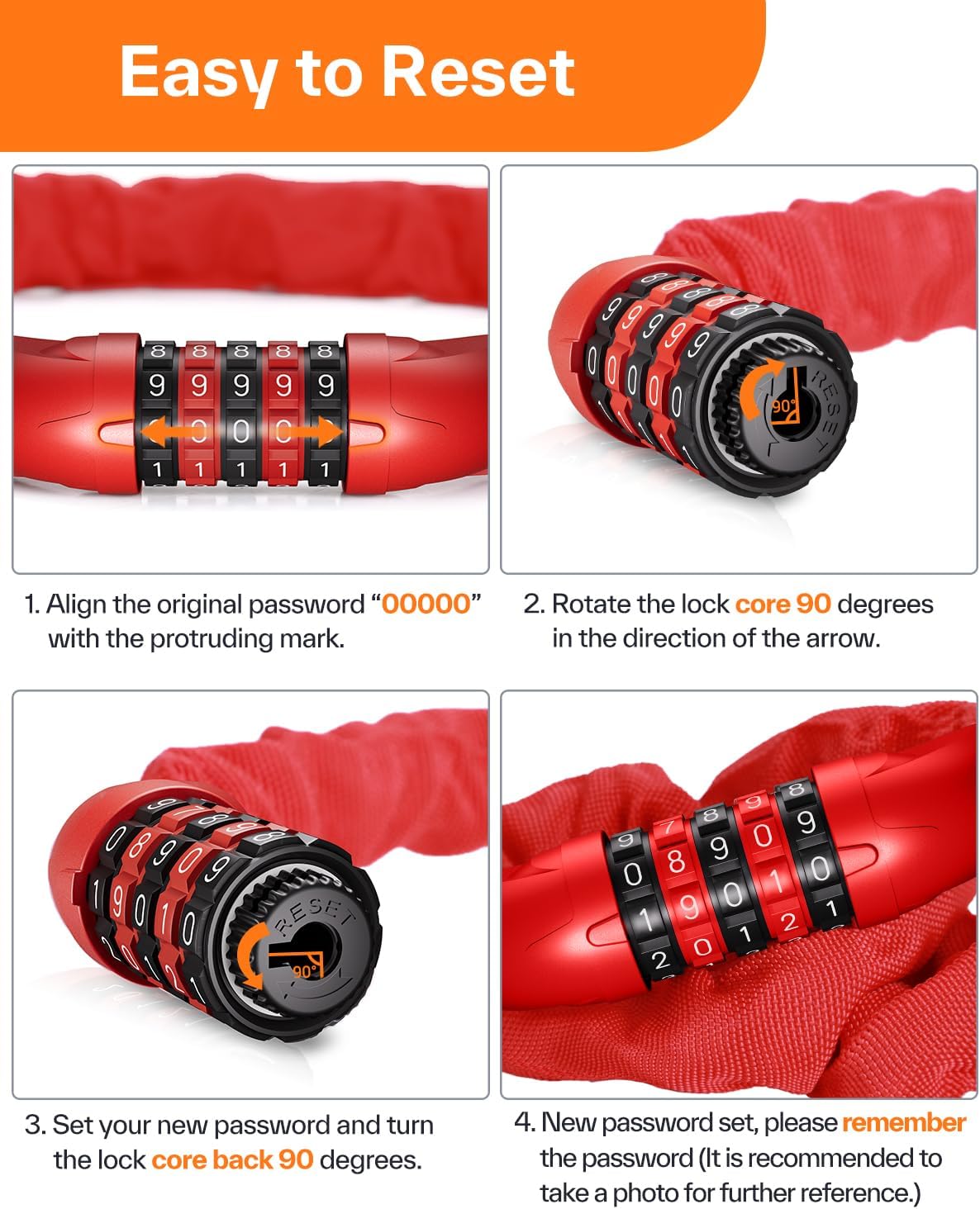 Sportneer Bike Lock - High Security 5-Digit Combination Anti-Theft Chain Lock | 3.2/3.6/4ft Heavy Duty for Bicycles, Motorcycles, Scooters, and Gates - 4/6mm Thick, Keyless Design
