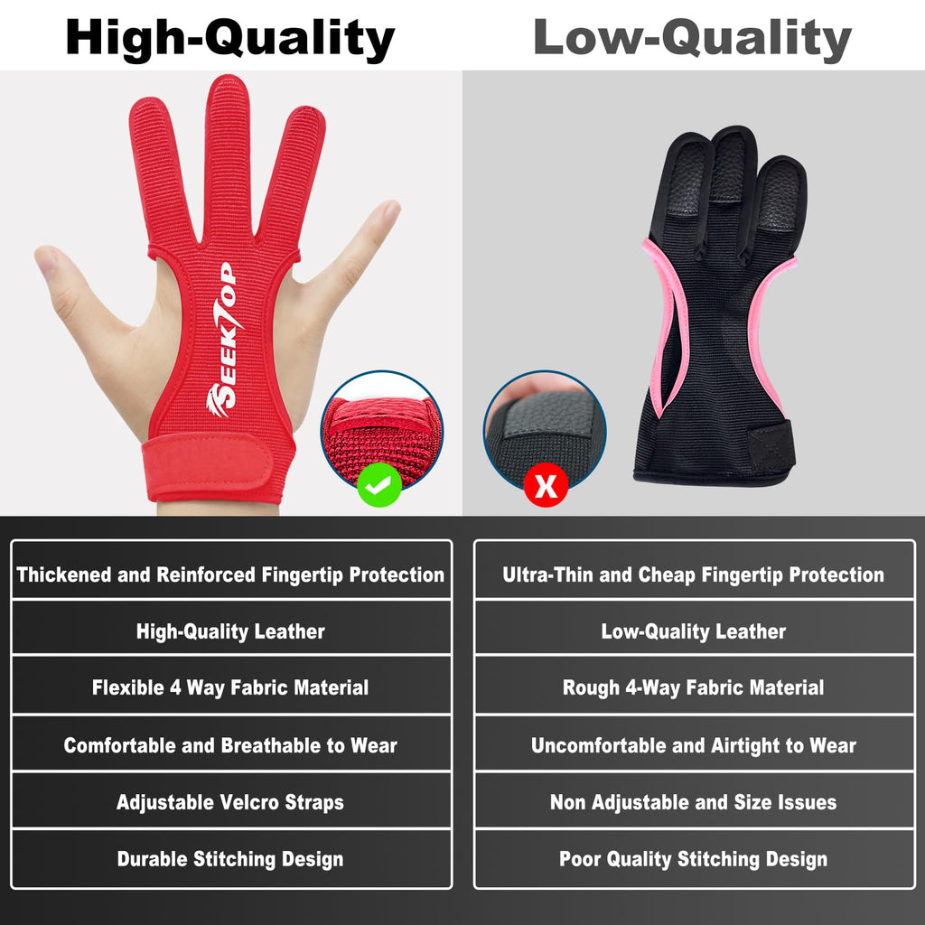 Seektop Archery Gloves Shooting Hunting Leather Three Finger Protector for Youth Adult Beginner (Red, M)