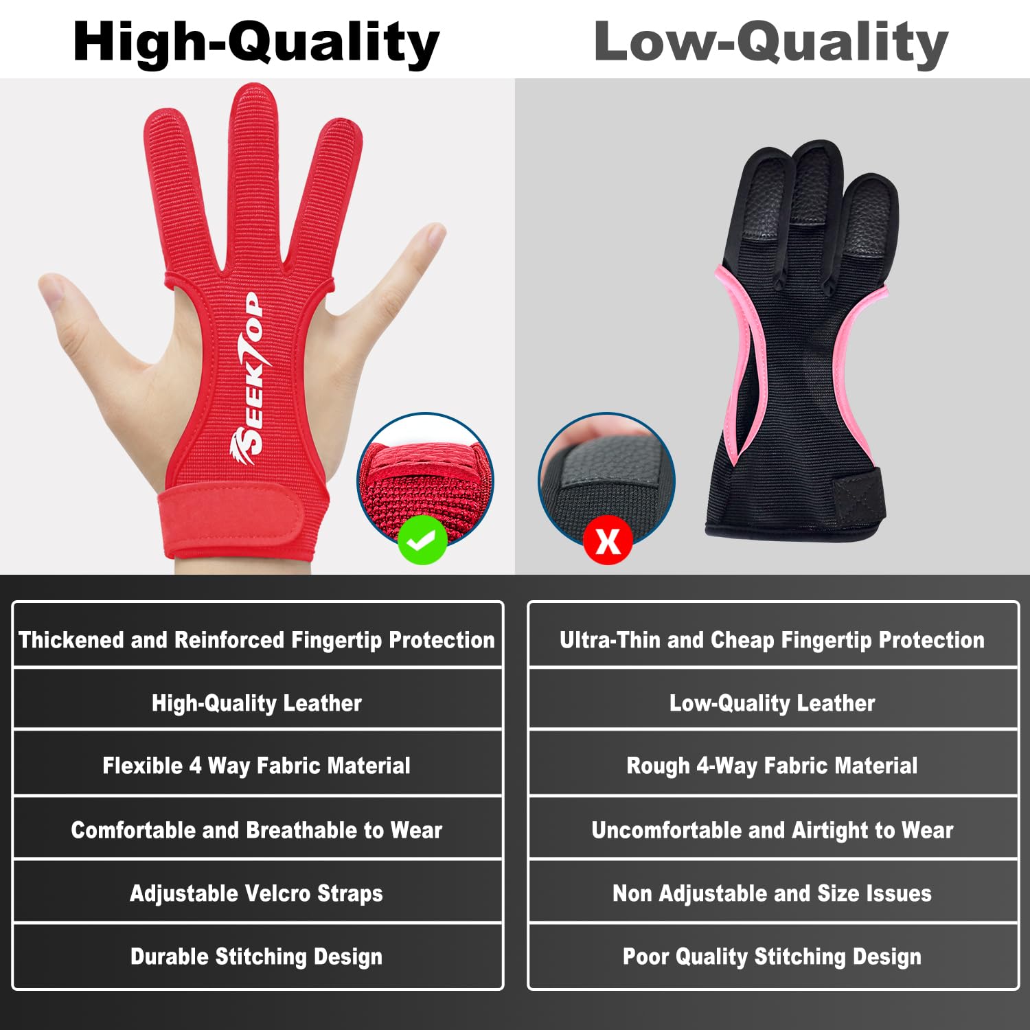 Seektop Archery Gloves Shooting Hunting Leather Three Finger Protector for Youth Adult Beginner (Red, M)