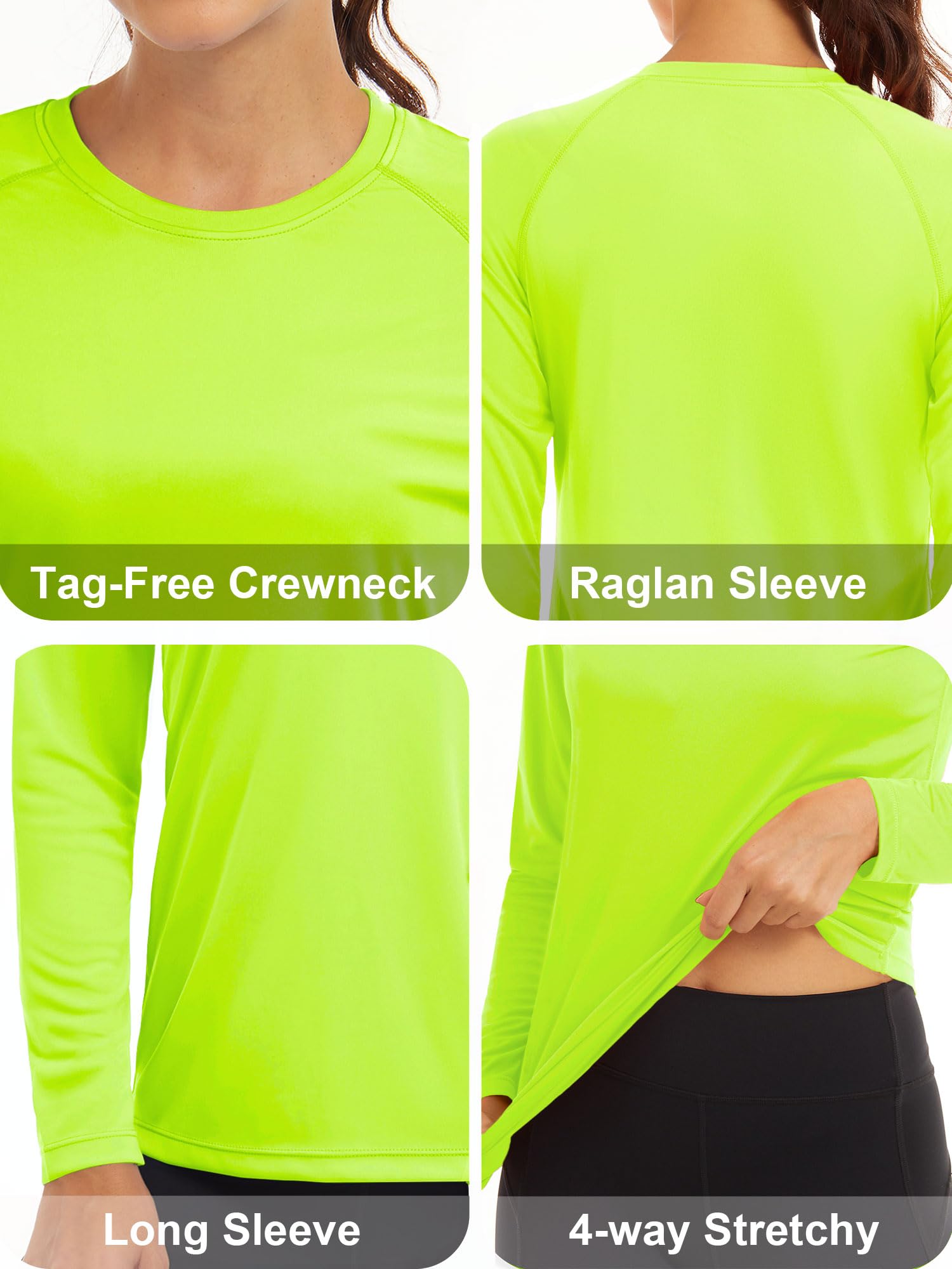 MAGCOMSEN Athletic Fitted Running Shirts - Women's Sun Protection Lightweight Long Sleeve Fluorescent Green