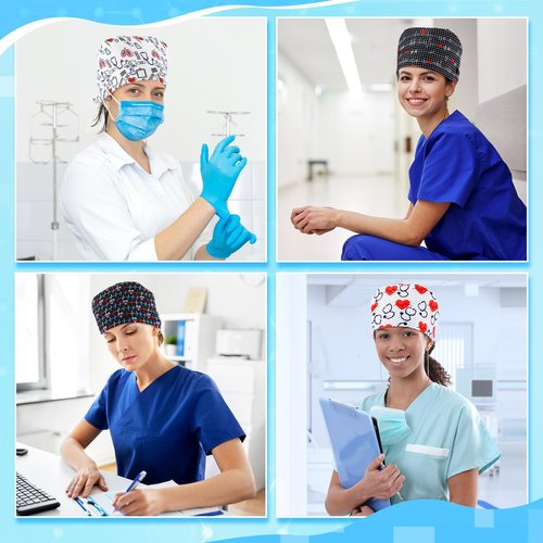 Maiteenly Satin Lined Scrub Caps Women Bouffant Nursing Hats with Button and Sweatband Adjustable Working Hat(6 Pcs,Fresh Style) Multicolor