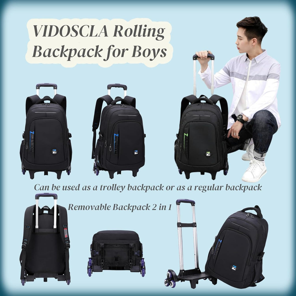 VIDOSCLA Rolling Backpack for Kids - Black Trolley Luggage with 6 Wheels for School & Travel