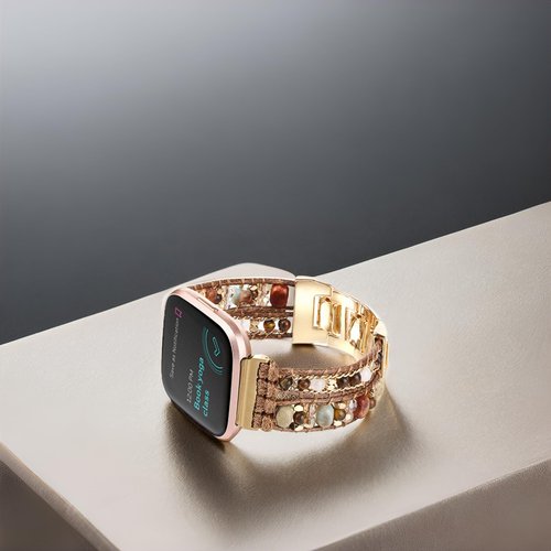 CHARMINGO Boho Braided Bracelet Compatible with Fitbit Versa 4/Versa 3/Sense/Sense 2 Bands for Women, Handmade Natural Stone Beaded Strap for Fitbit Smartwatch, Silver