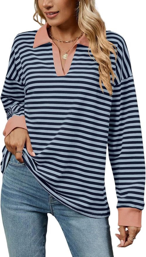 DMOYALA Striped Sweatshirt - Trendy Oversized Long Sleeve Polo V-Neck Top for Women | Fall Fashion