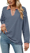 DMOYALA Striped Sweatshirt - Trendy Oversized Long Sleeve Polo V-Neck Top for Women | Fall Fashion
