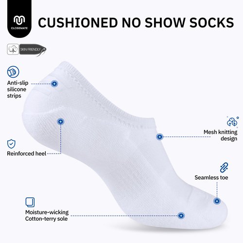 CLOSEMATE No Show Ankle Socks for Women Cushioned Low Cut Non Slip with Silicone Grips 6 Pairs(6White, Size S)