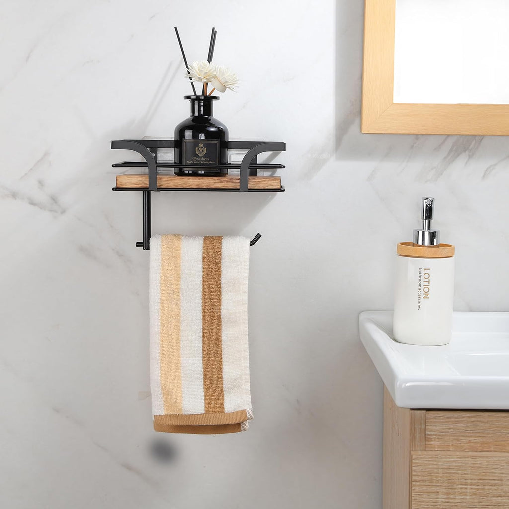 Rustic Farmhouse Toilet Paper Holder | Stylish Bathroom Organizer with Shelf - Warm Brown Wood & Black Metal
